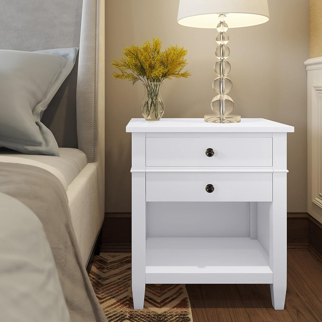White Solid Wood 2 Drawer Night Stand with Shelf F9979