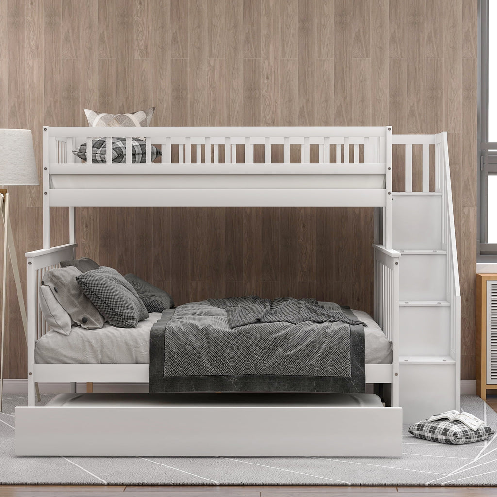 Twin Over Full Bunk Bed with Trundle and Stairs, White X43041