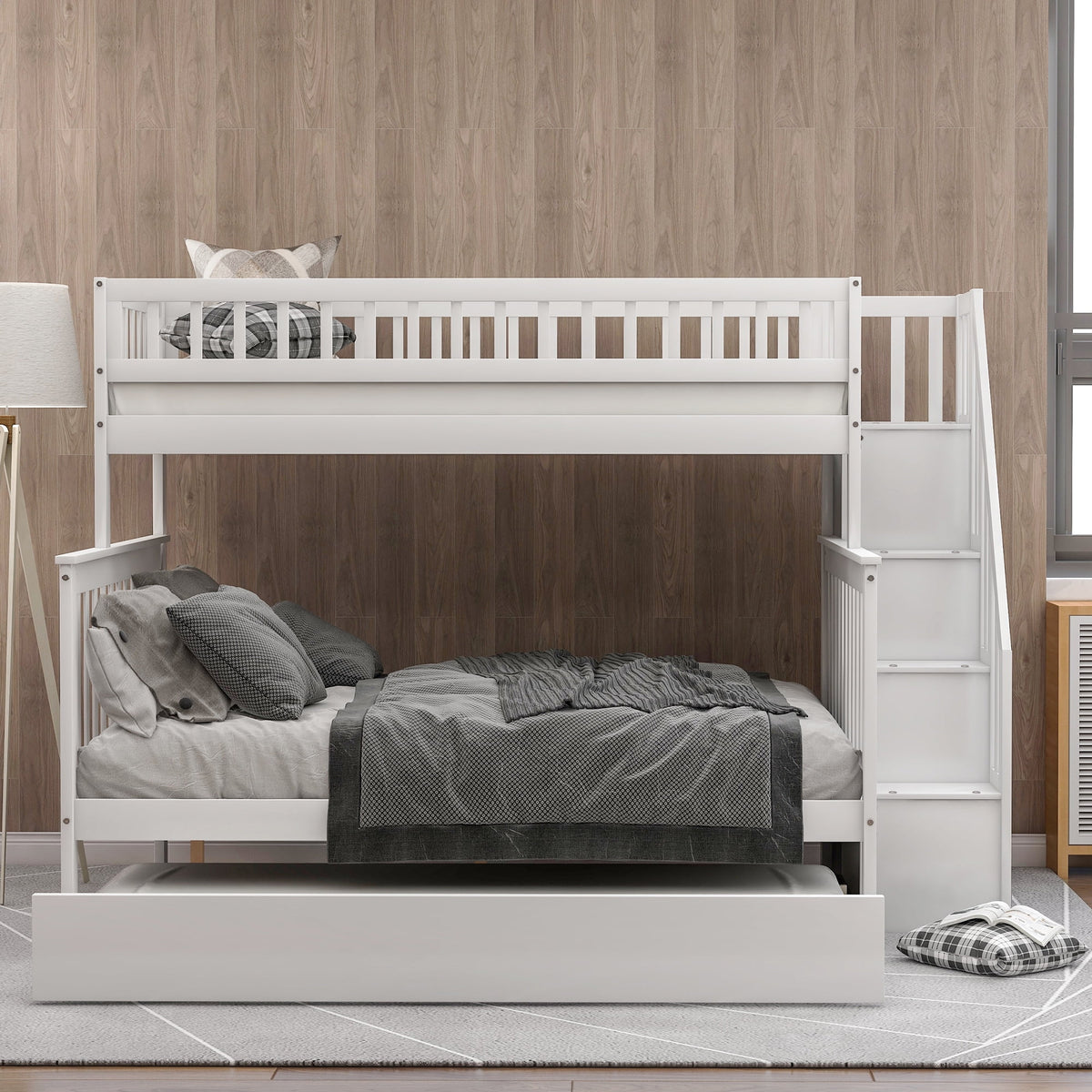 Twin Over Full Bunk Bed with Trundle and Stairs, White X43041