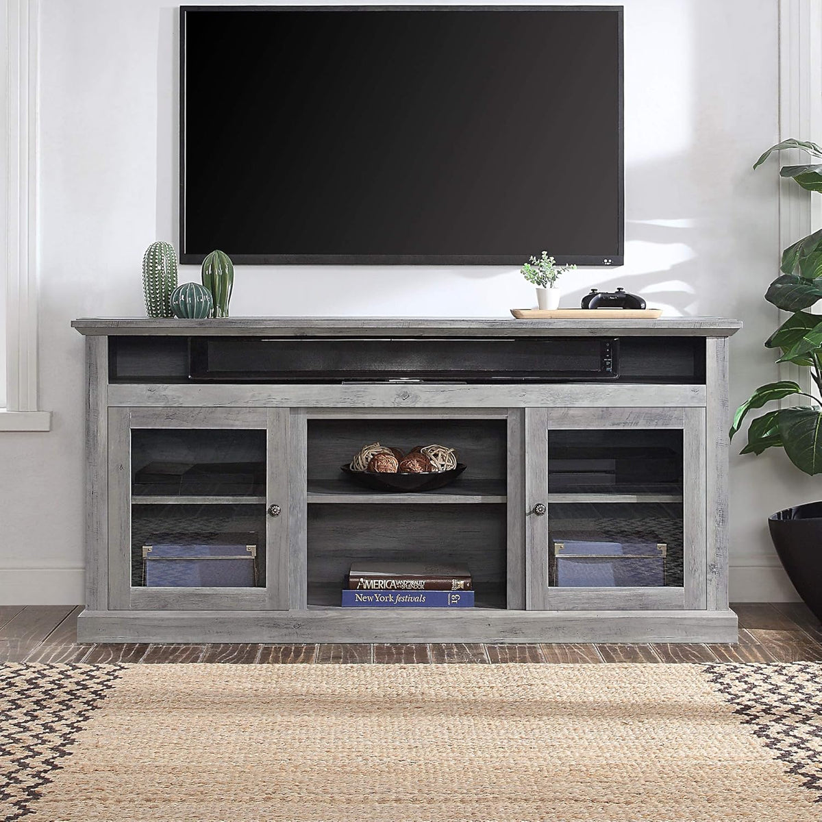 TV Stand with Open Storage Shelves and Cabinets O431056