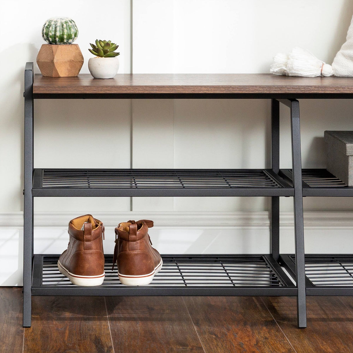 Industrial Shelf Entry Bench Grey Wash G485835