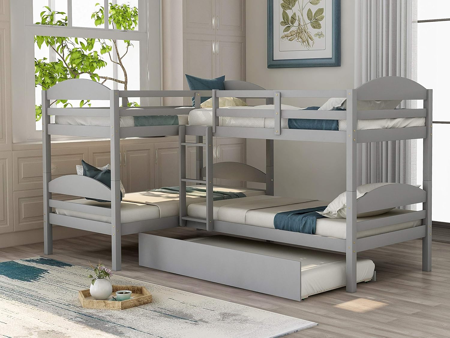 Gray Twin L-Shaped Bunk Bed Frame with Trundle X994967