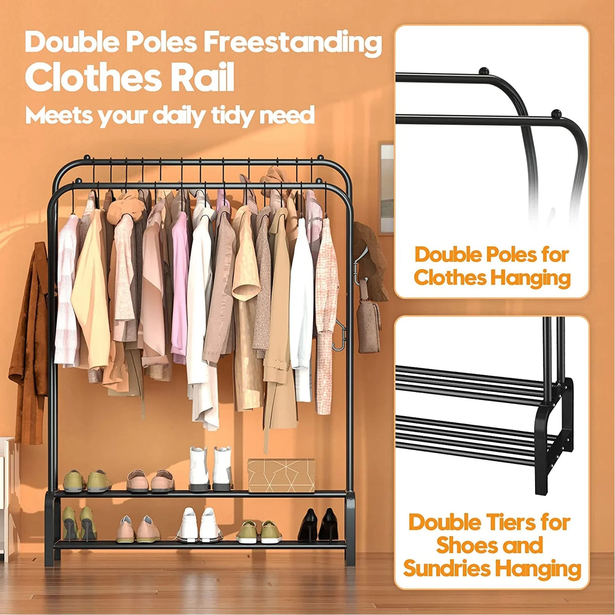 Black Freestanding Metal Double Rail Clothes Stand with 8 Hangers and 2 Shoe Shelves Y4252