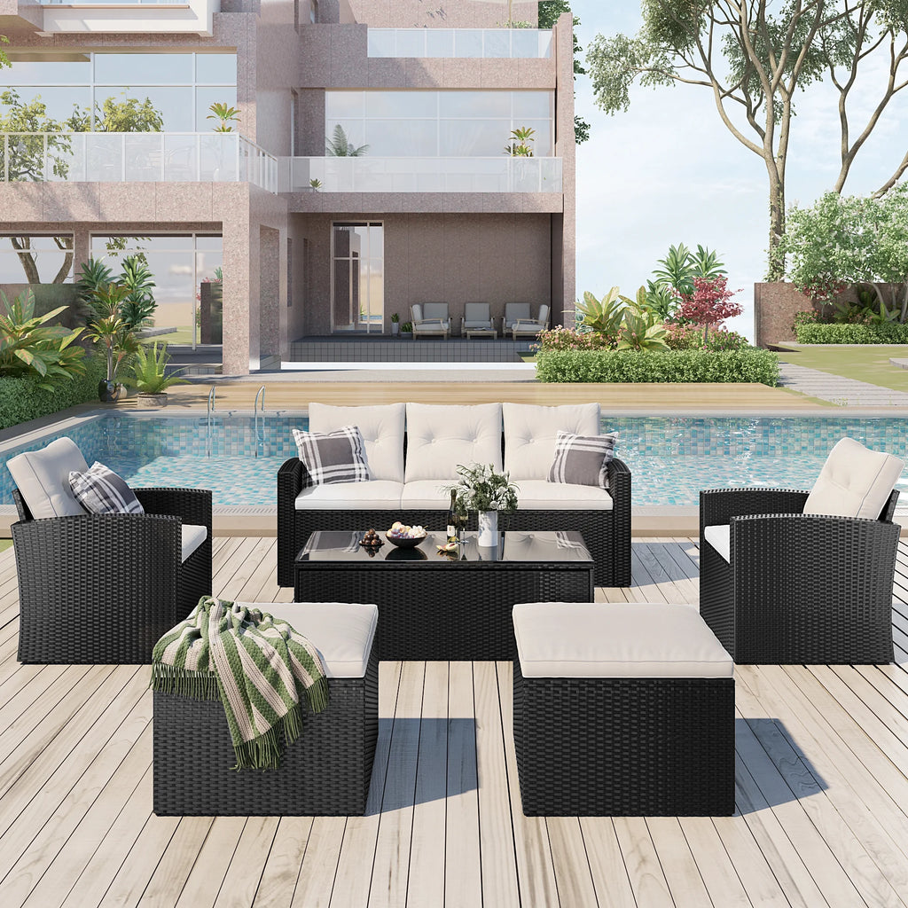 6-piece All-weather Wicker Patio Dining Sectional Set with Coffee Table, Ottomans, Removable Cushions J39700