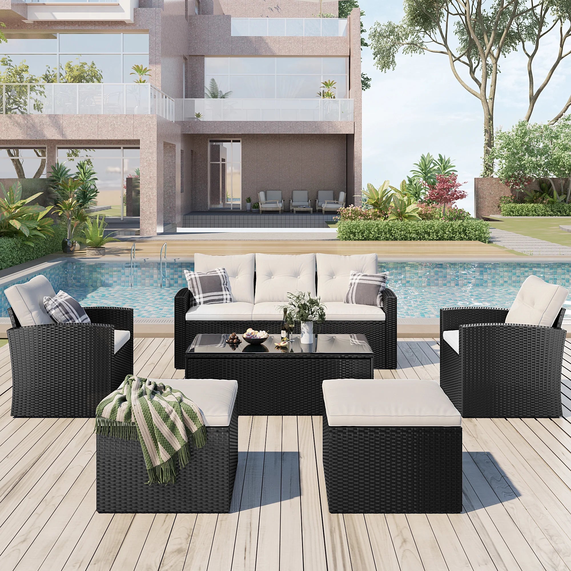 6-piece All-weather Wicker Patio Dining Sectional Set with Coffee Table, Ottomans, Removable Cushions J39700