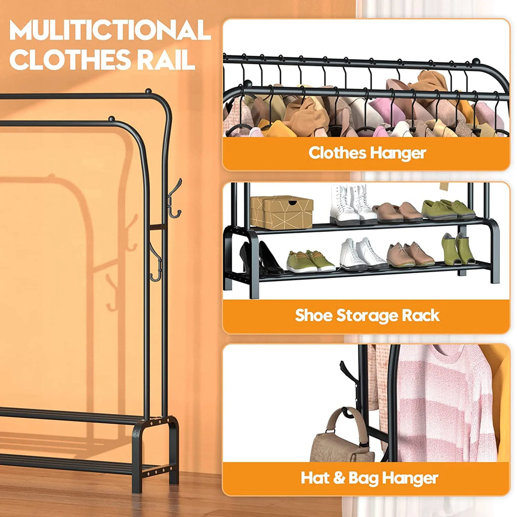 Black Freestanding Metal Double Rail Clothes Stand with 8 Hangers and 2 Shoe Shelves Y4252