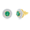 3 Carat Round Green Emerald and Natural Diamond Double Halo Stud Earrings in 18K Yellow Gold Plated O14296