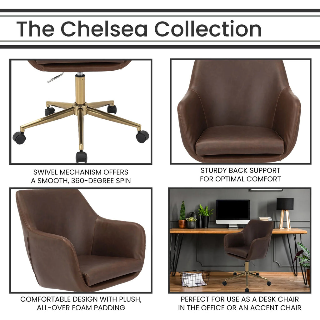 Tufted Office Chair in Faux Brown Leather with Wheels I475