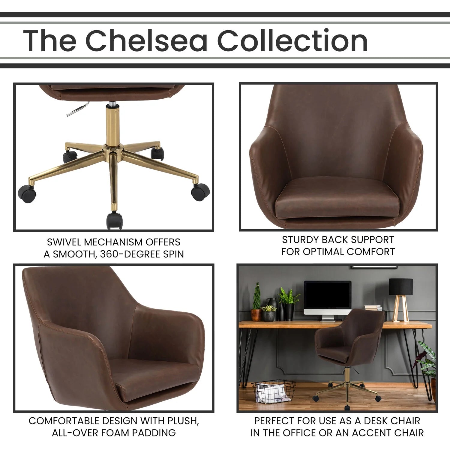 Tufted Office Chair in Faux Brown Leather with Wheels I475