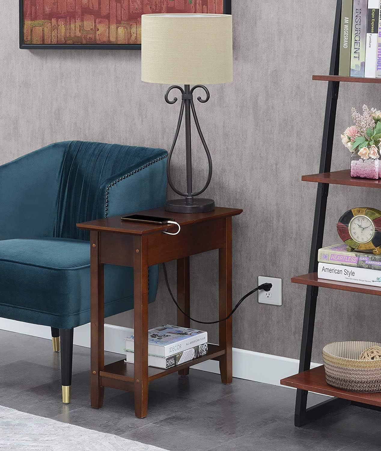 Black Flip Top End Table with Charging Station and Shelf V41011