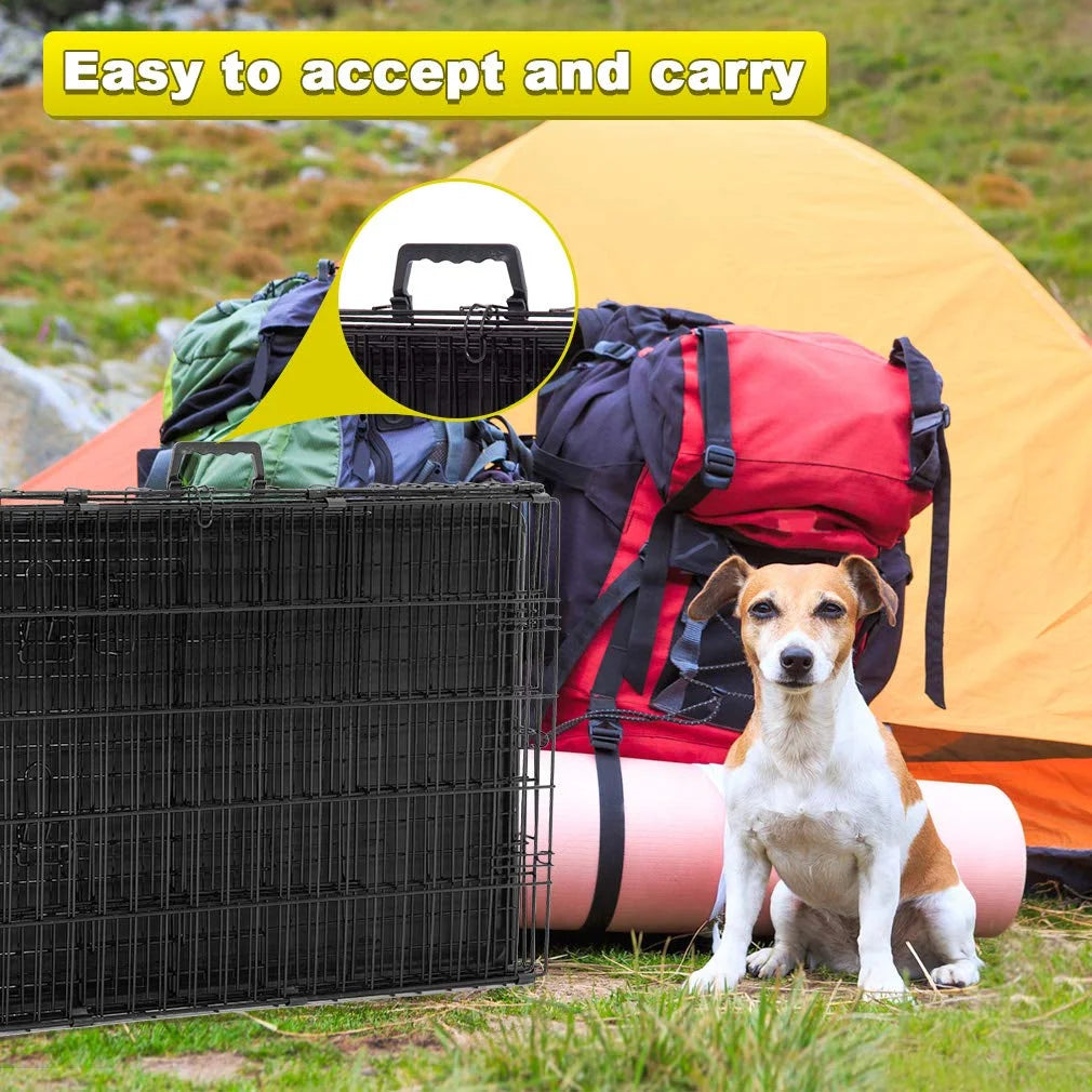 Black Folding Metal Wire Dog Crate with Double-Door I2377