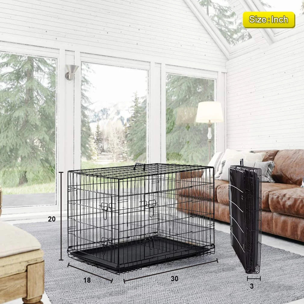 Black Folding Metal Wire Dog Crate with Double-Door I2377