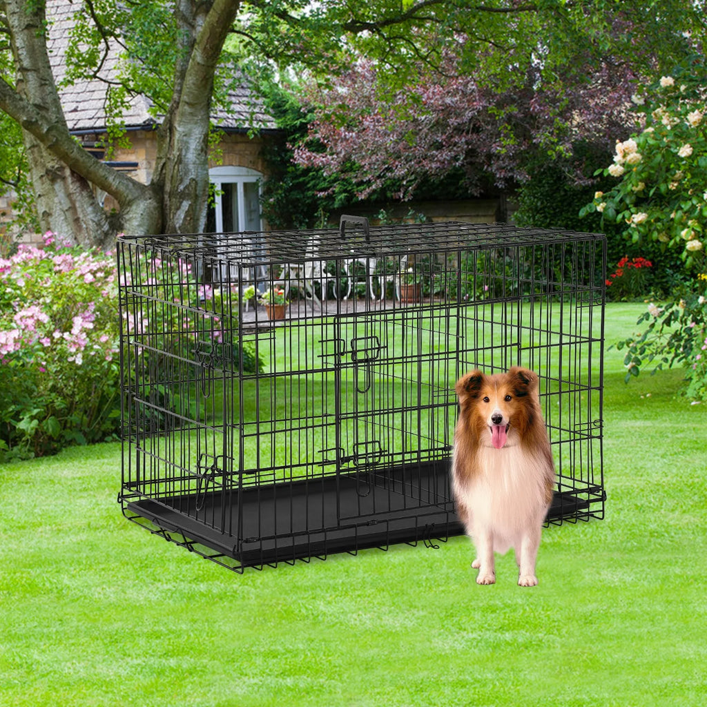 Black Folding Metal Wire Dog Crate with Double-Door I2377