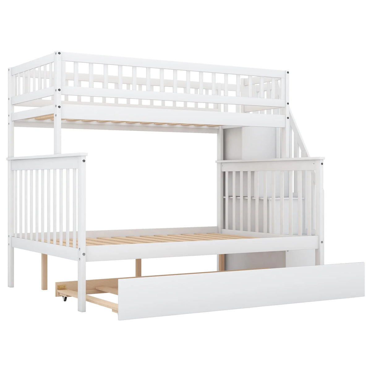 Twin Over Full Bunk Bed with Trundle and Stairs, White X43041