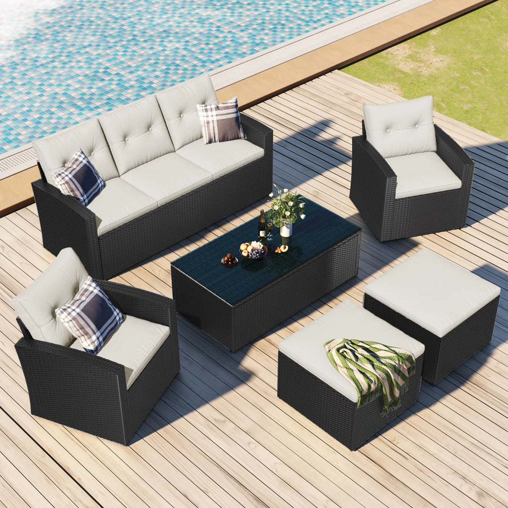 6-piece All-weather Wicker Patio Dining Sectional Set with Coffee Table, Ottomans, Removable Cushions J39700