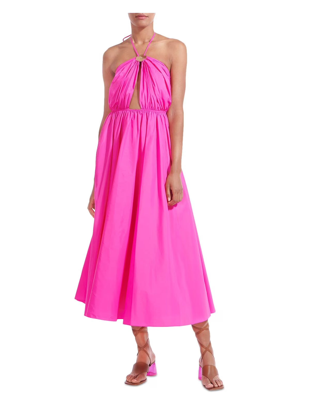 Pink Zippered Cut Out Open Back Tie Closure Sleeveless Halter Midi Fit + Flare Dress 4 L89134