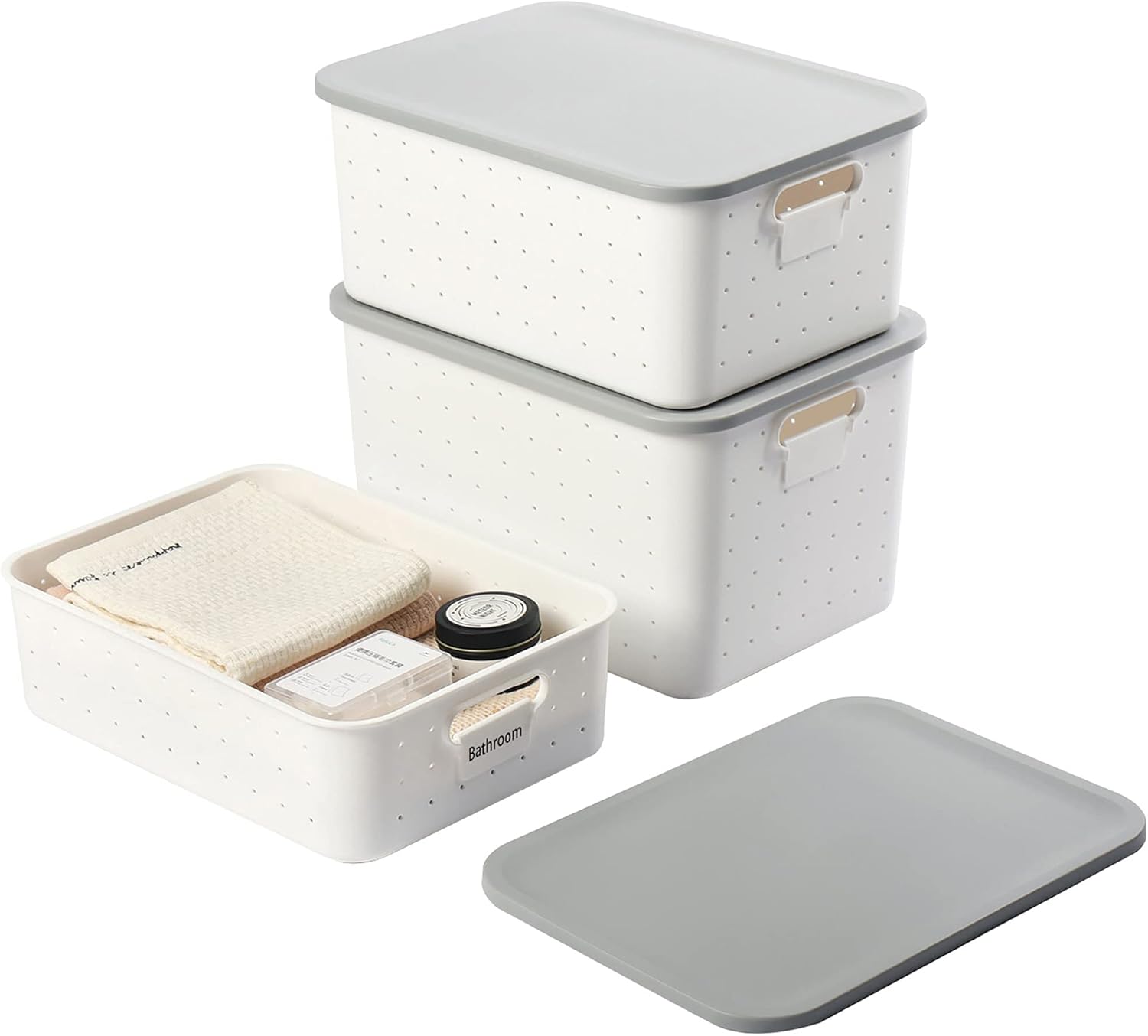Set of 3 White Stackable Plastic Storage Bins with Lid R258275