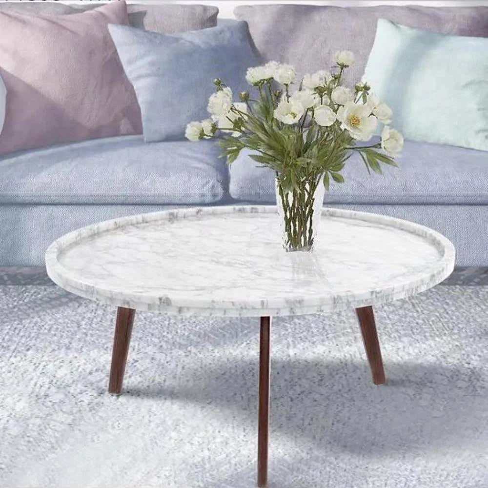 Round Italian Carrara White Marble Coffee Table with Walnut Legs F18257