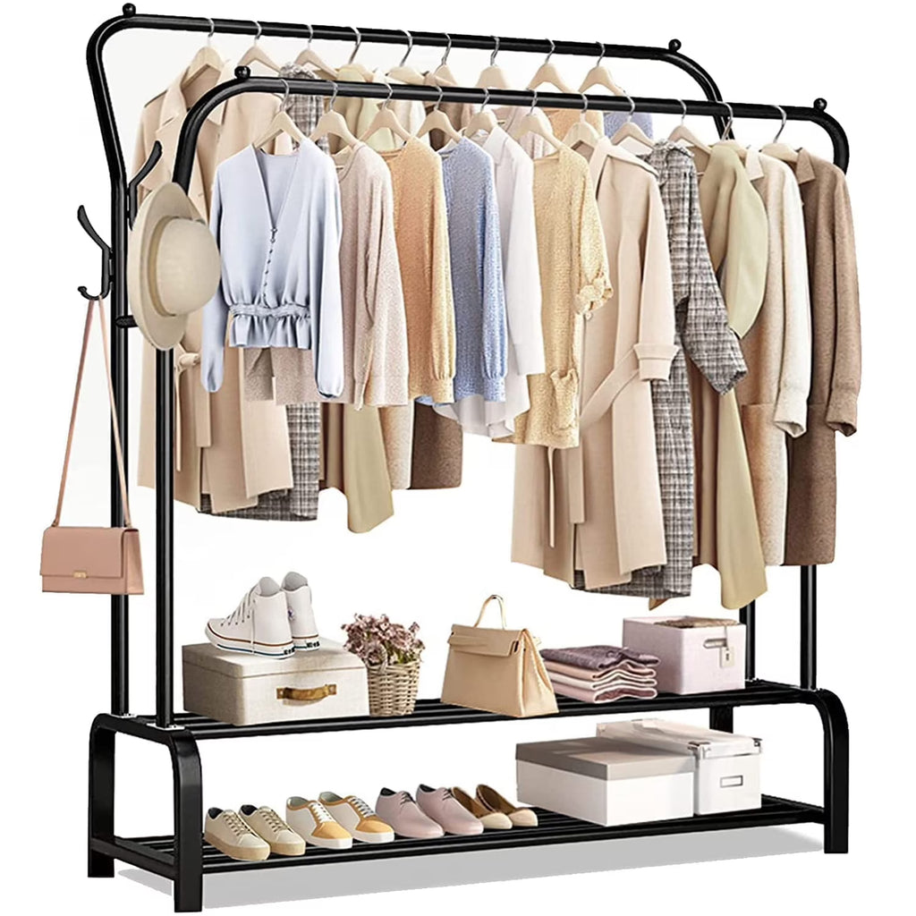 Black Freestanding Metal Double Rail Clothes Stand with 8 Hangers and 2 Shoe Shelves Y4252