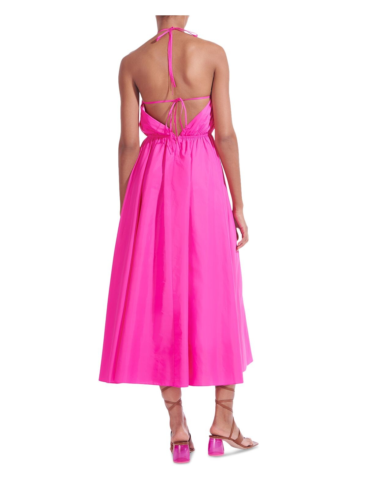 Pink Zippered Cut Out Open Back Tie Closure Sleeveless Halter Midi Fit + Flare Dress 4 L89134