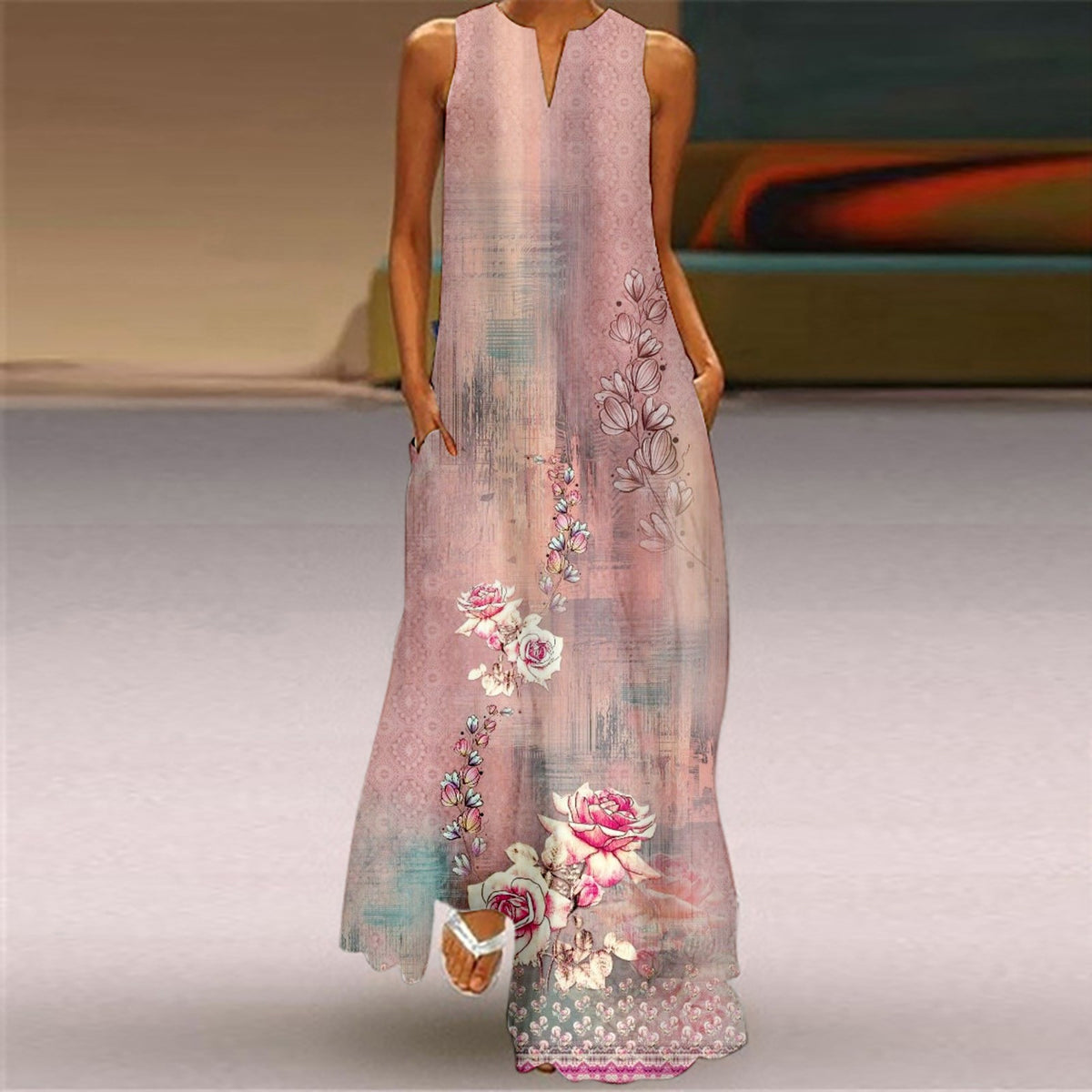 Plus Size Sleeveless Print V Neck Loose Long Sundress with Pockets B116529
