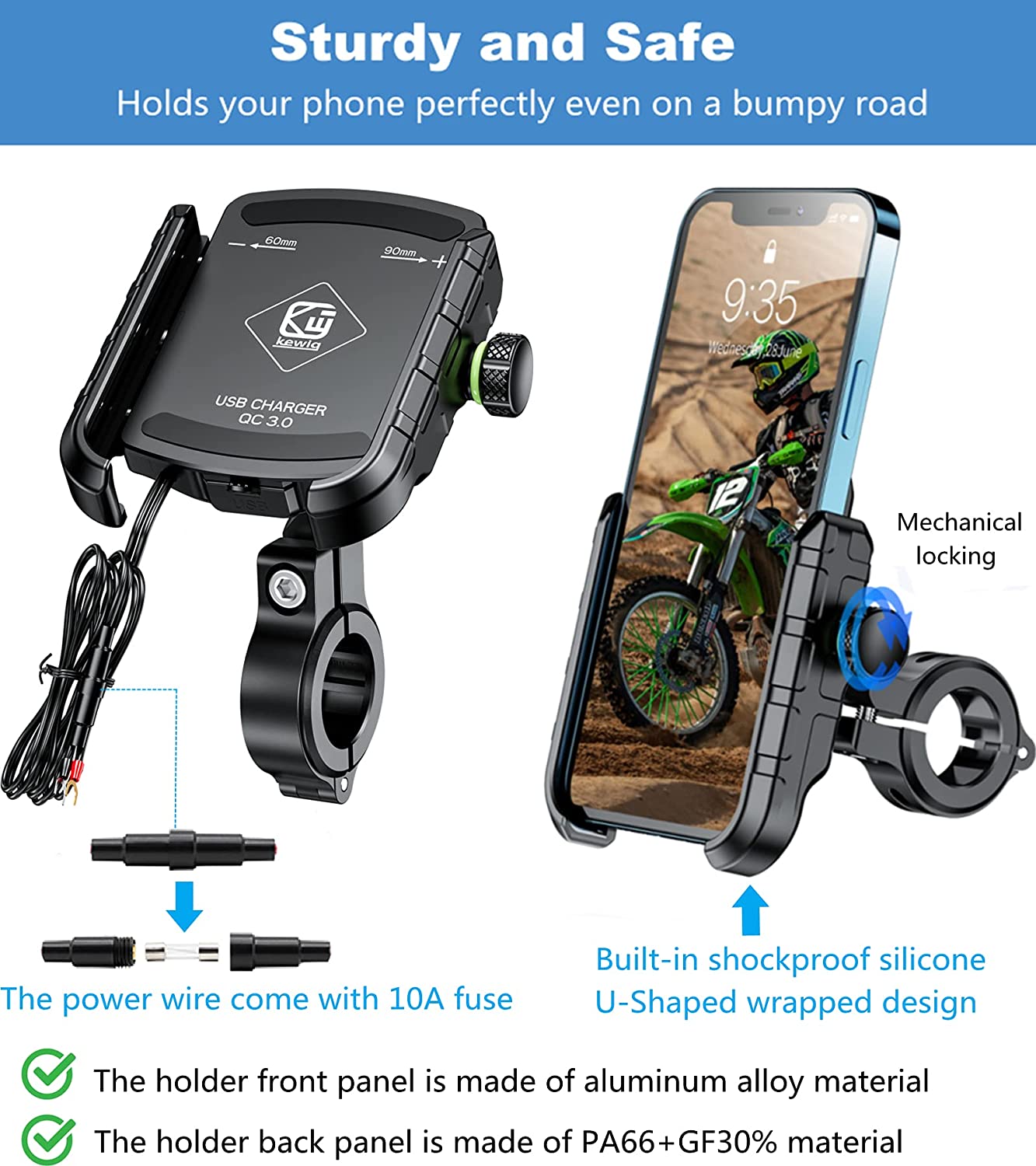 Motorcycle Phone Mount Charger USB QC 3.0 36W Fast Charging Port, Anti-Slip Aluminum Alloy Mounting Base IP66 Waterproof Handlebar Cell Phone Holder Adjustable Fit 4-7" V870011
