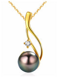 Genuine Tahitian Black Pearl Pendant Necklace in 18k Yellow Gold Plated 925 Sterling Silver A75667