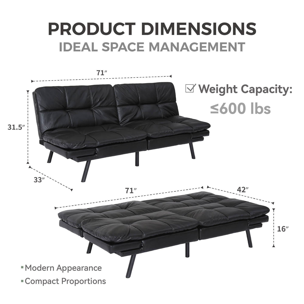 Black Convertible Memory Foam Futon Sofa Bed B298