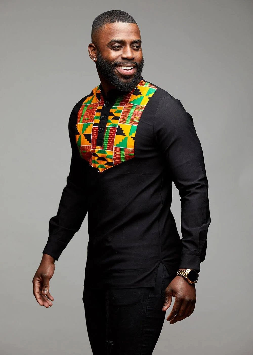 African Print Collared Henley Z306582