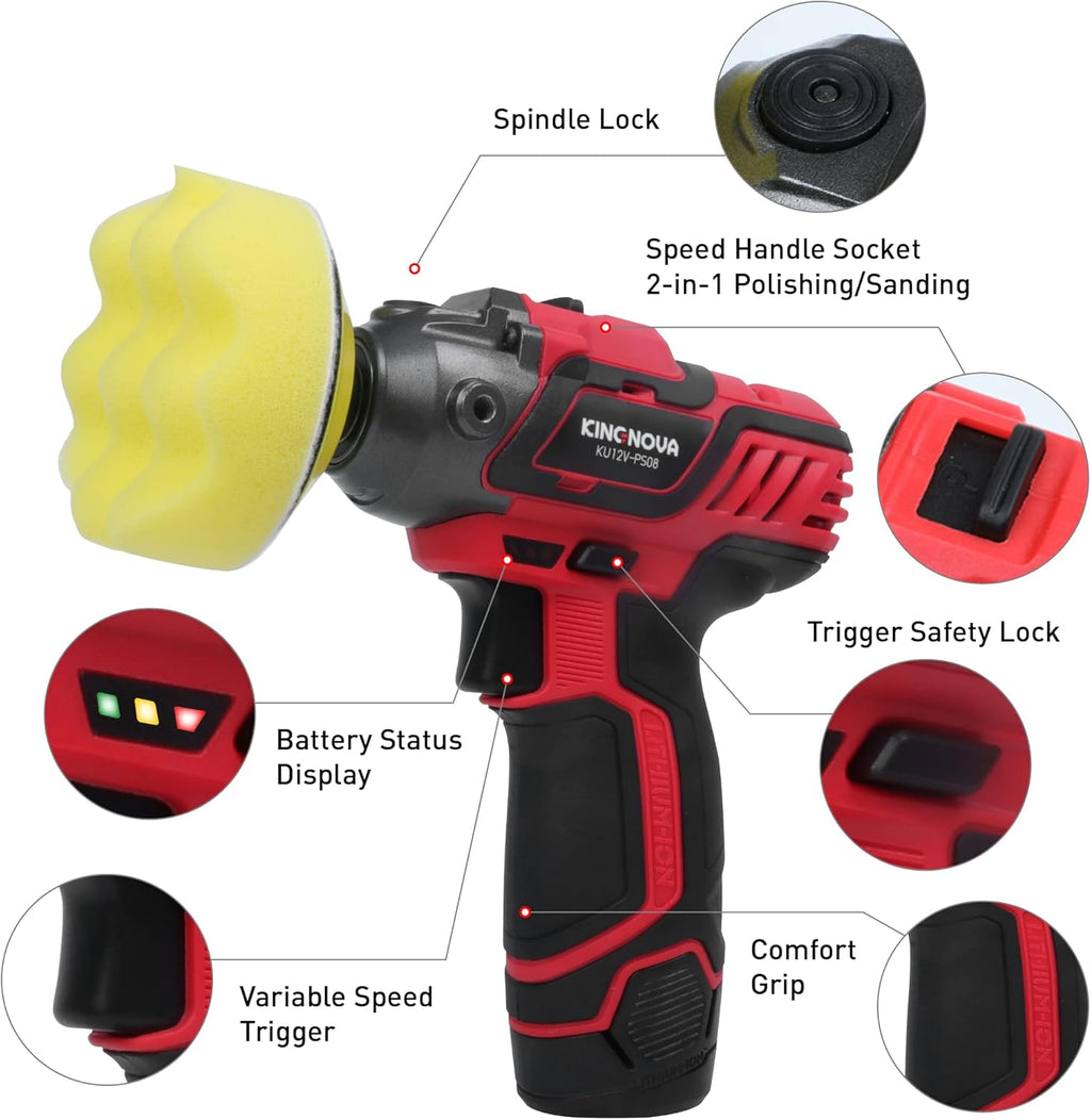 12V Cordless Buffer Polisher Variable Speed 2.0Ah Battery 0-2800/8300 RPM Mini Buffer C56869