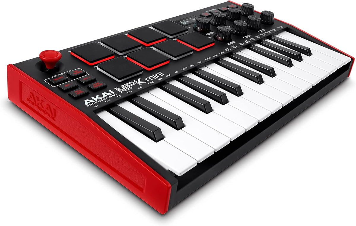 25 Key USB MIDI Keyboard Controller with 8 Backlit Drum Pads, 8 Knobs (White) R4455