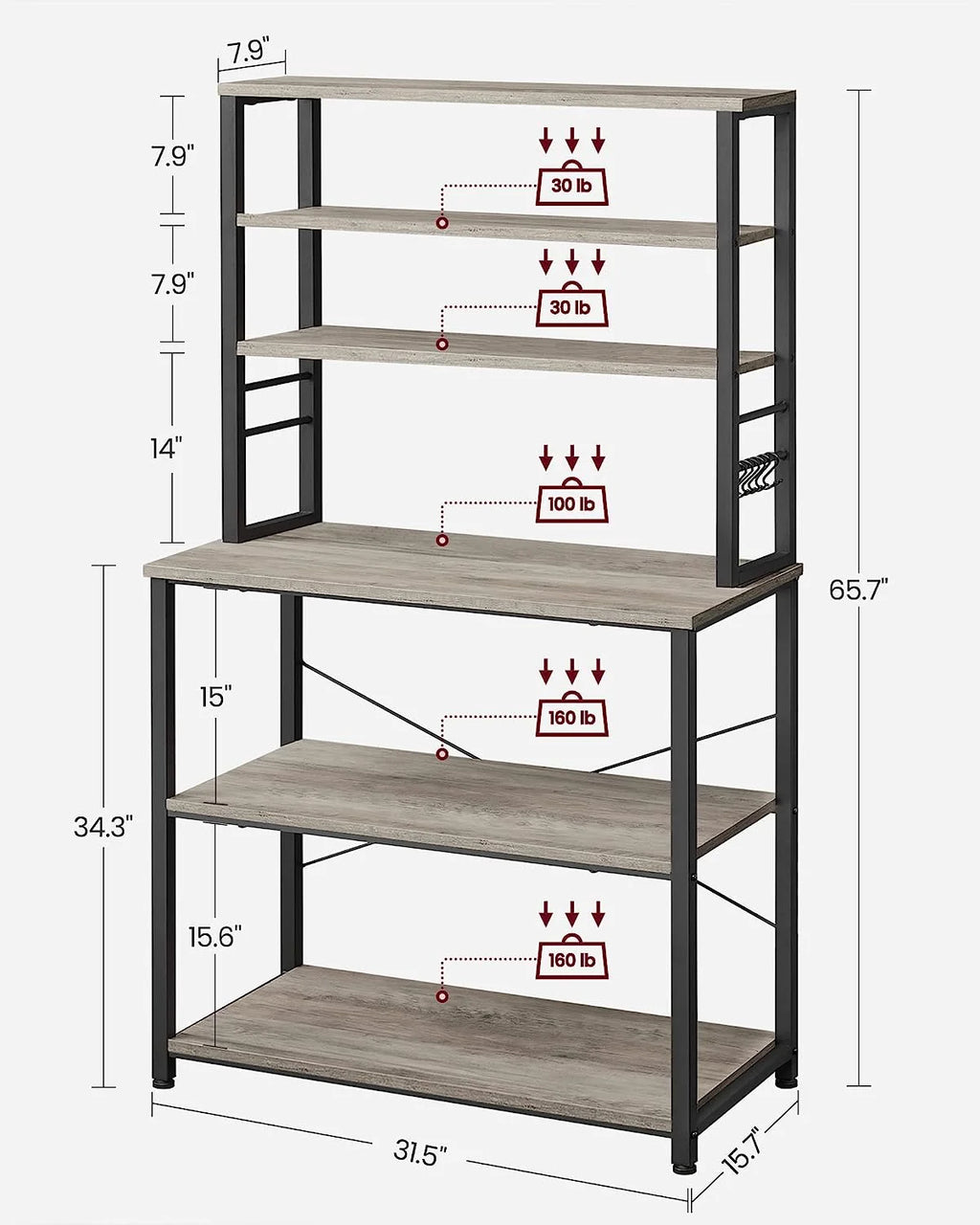 6-Tier Greige and Black Kitchen Shelves with 6 Hooks L8529