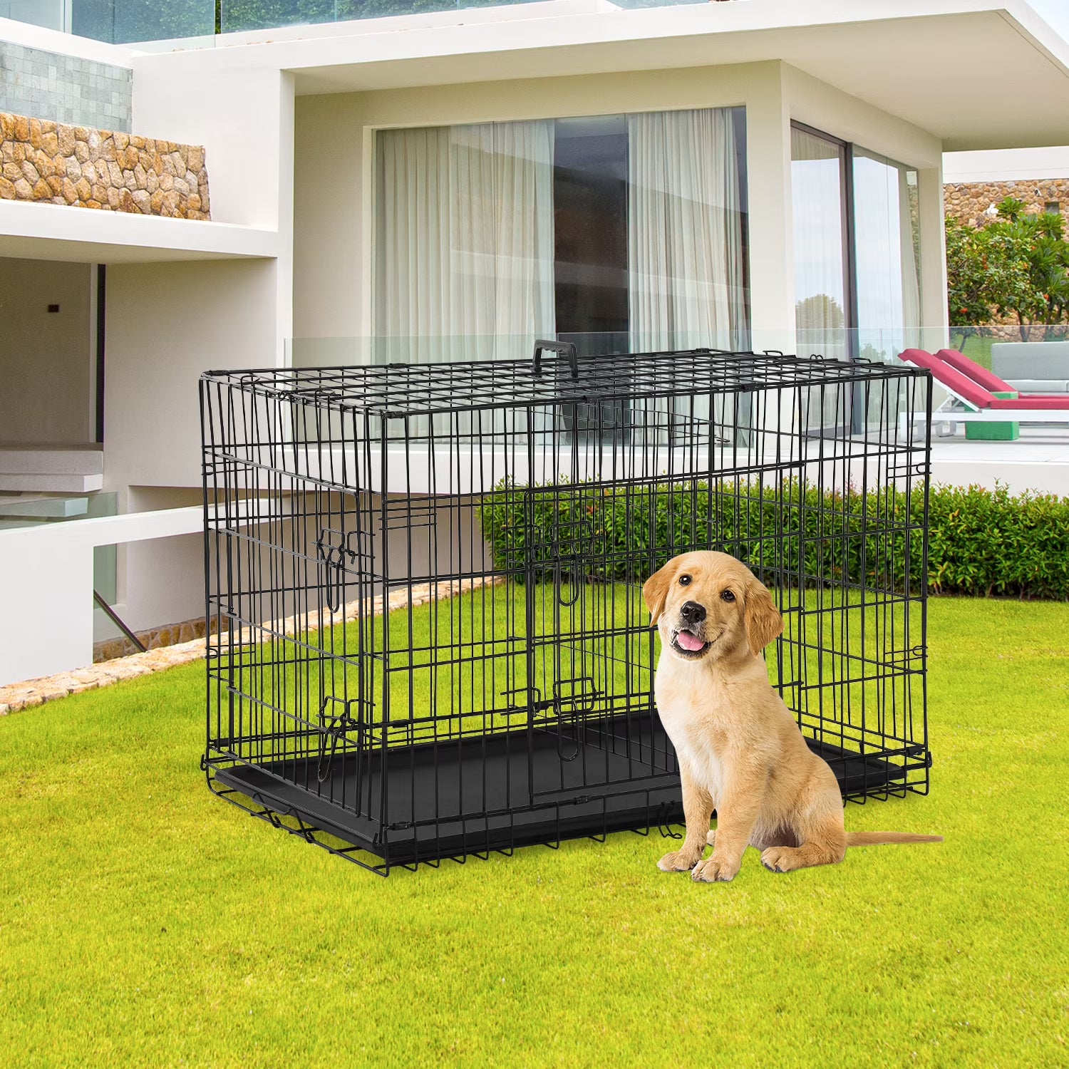 Black Folding Metal Wire Dog Crate with Double-Door I2377
