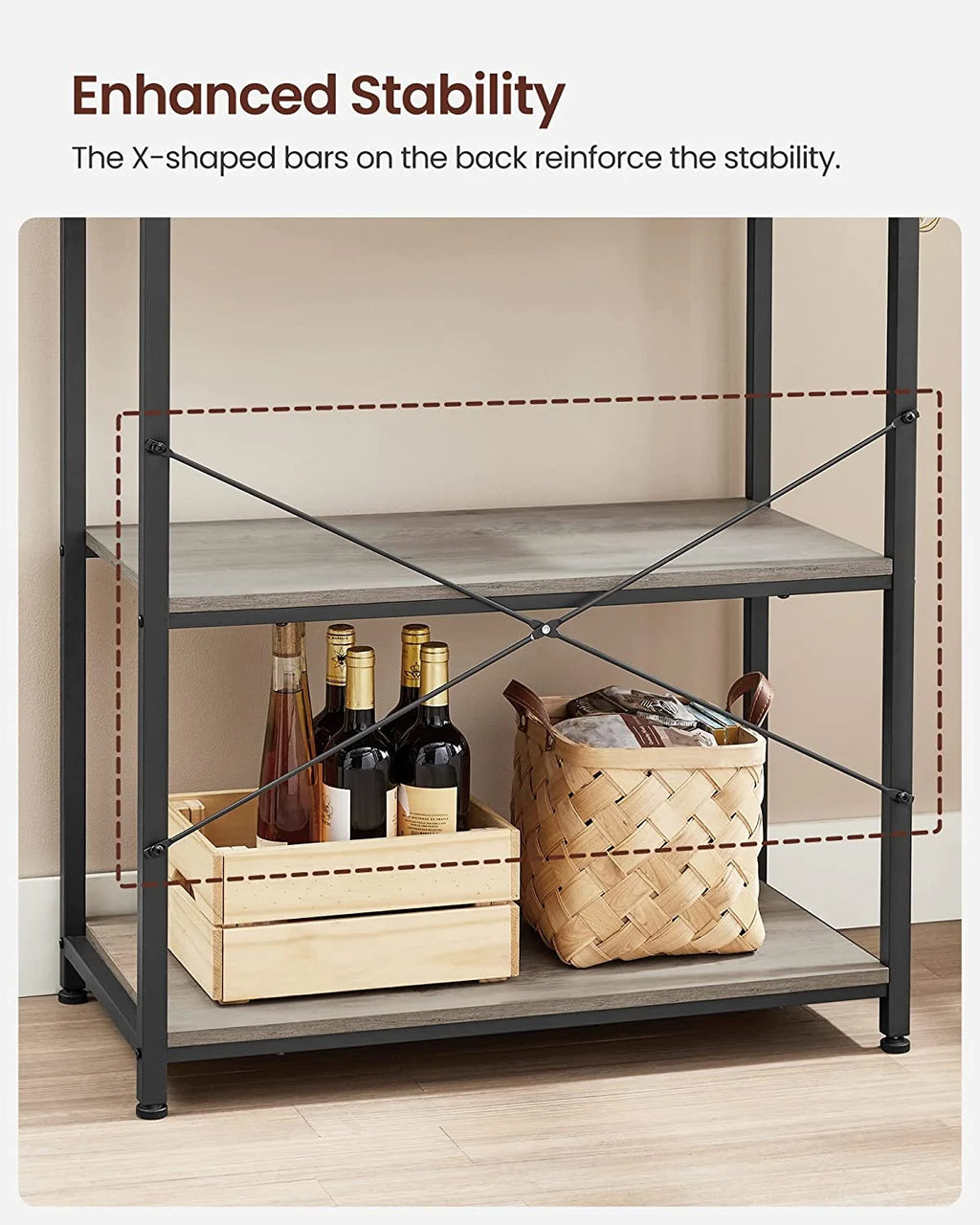 6-Tier Greige and Black Kitchen Shelves with 6 Hooks L8529