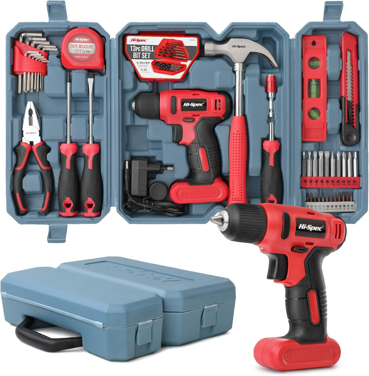 58 Piece Red 8V Power Drill Screwdriver & Household DIY Tool Kit P77705