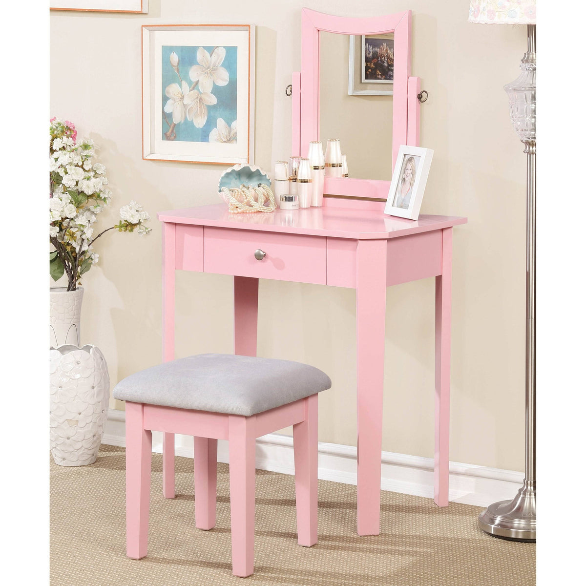 Pink 3-Piece Solid Wood Vanity Set J443