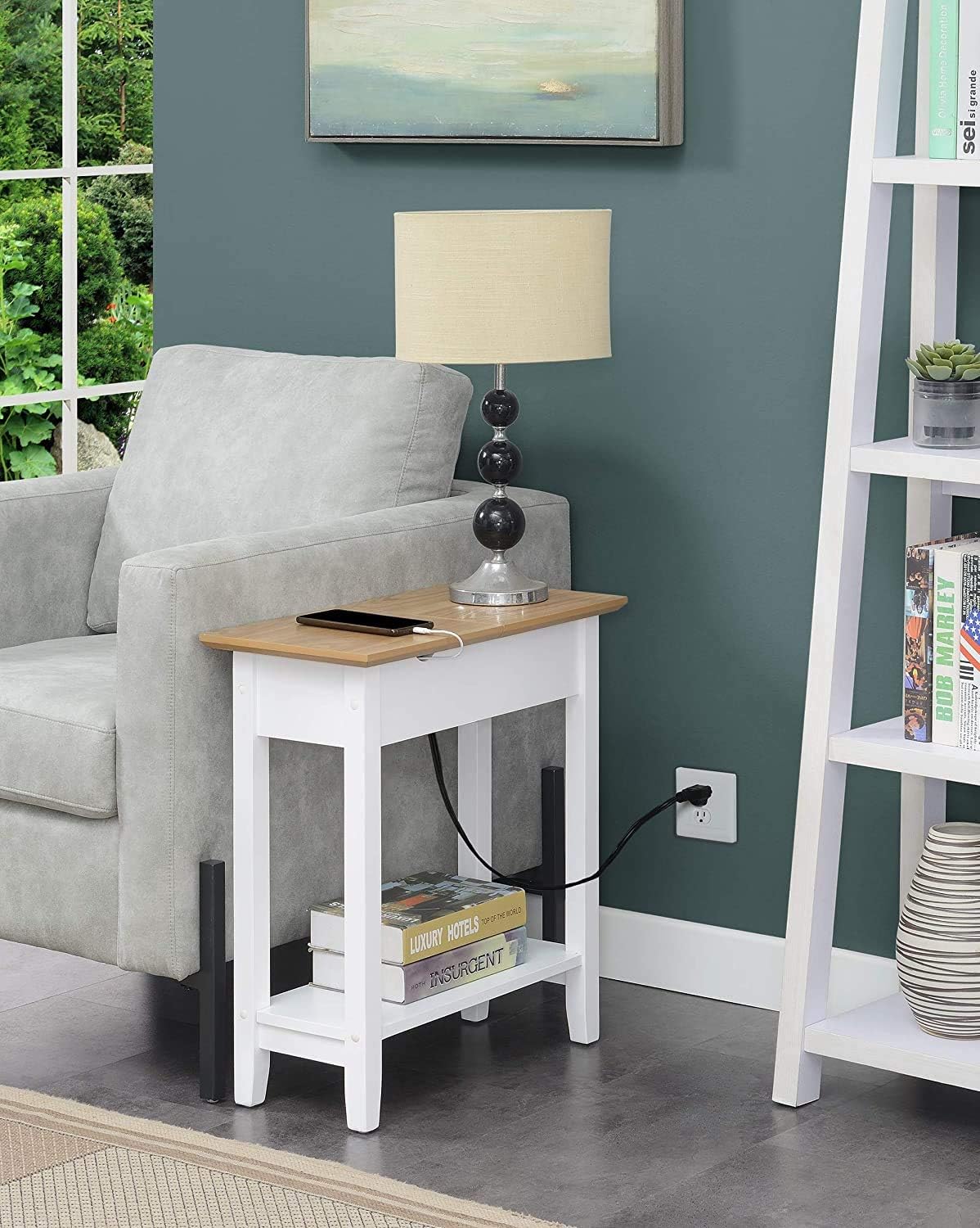 Black Flip Top End Table with Charging Station and Shelf V41011