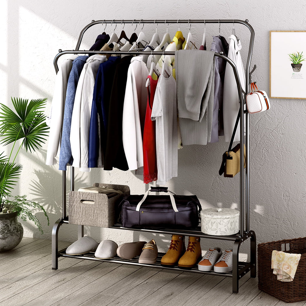 Black Freestanding Metal Double Rail Clothes Stand with 8 Hangers and 2 Shoe Shelves Y4252