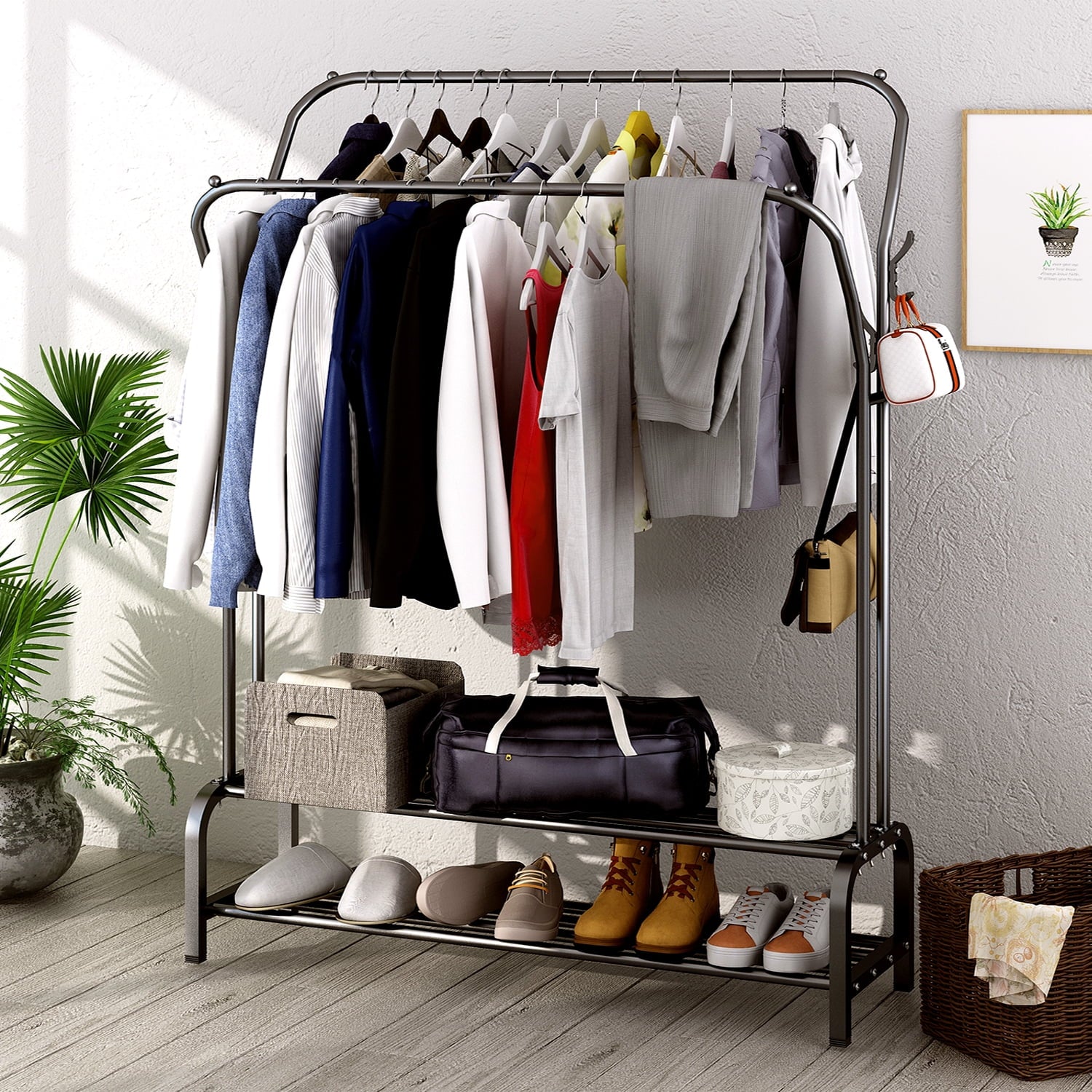 Black Freestanding Metal Double Rail Clothes Stand with 8 Hangers and 2 Shoe Shelves Y4252