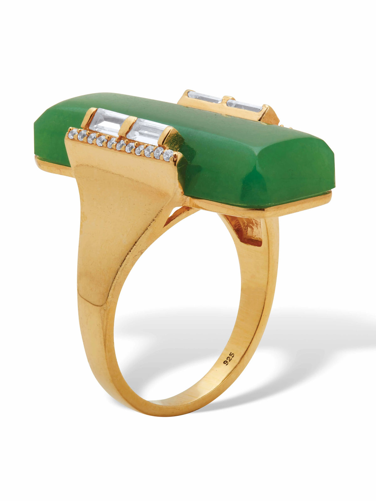 Emerald Cut Green Jade Cabochon Ring with Crystal Rounds and Baguettes in 18k Gold-plated Sterling Silver Z395