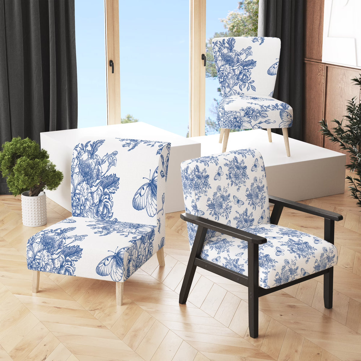 Blue Flowers and Butterflies Upholstered Accent Chair and Arm Chair M69349