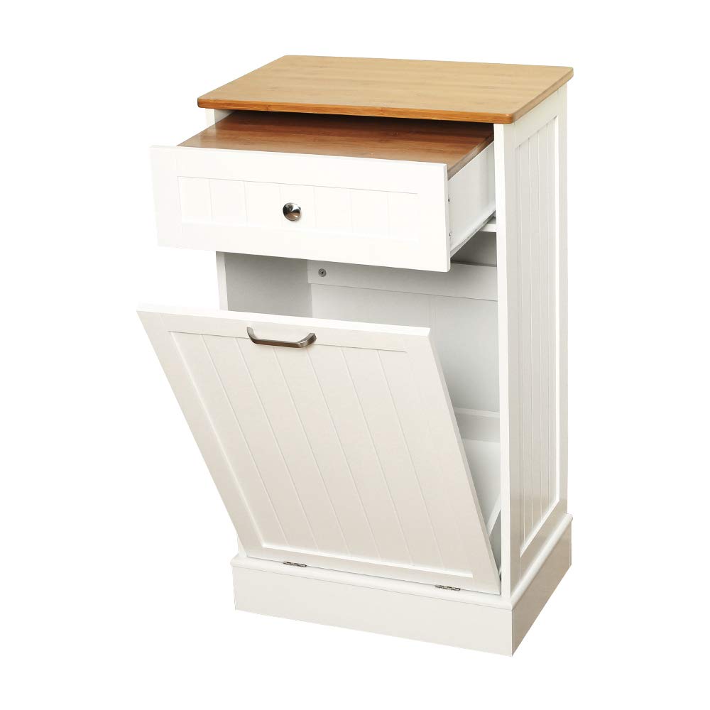 Black Wooden Tilt Out Trash Cabinet with Hideaway Drawer and Removable Bamboo Cutting Board I80756