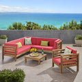 Teak and Red 6 Seater Acacia Wood Sectional Sofa Y9832