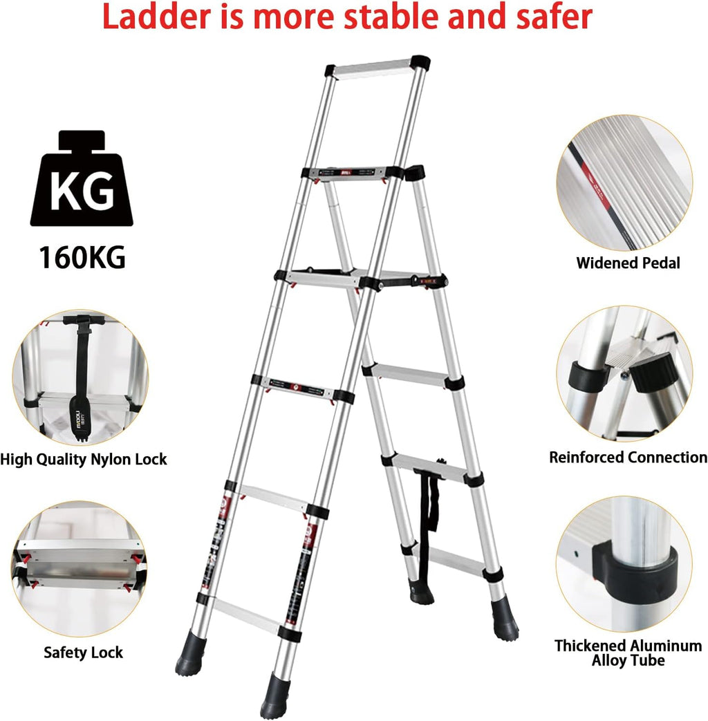 4 + 5 Step Telescoping Ladder, Aluminum Alloy Folding Extendable Ladder with Non-Slip Rubber Feet, 330lbs Load Capacity Q9751