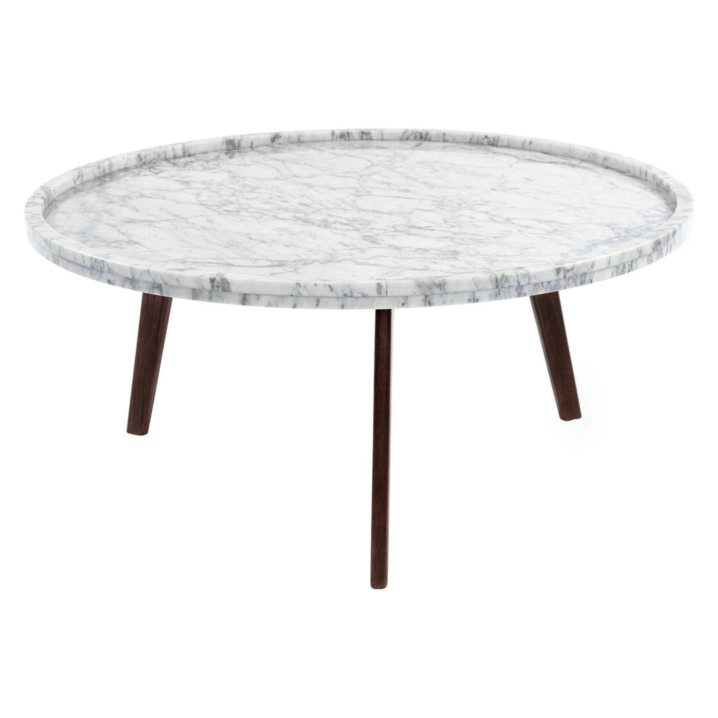 Round Italian Carrara White Marble Coffee Table with Walnut Legs F18257