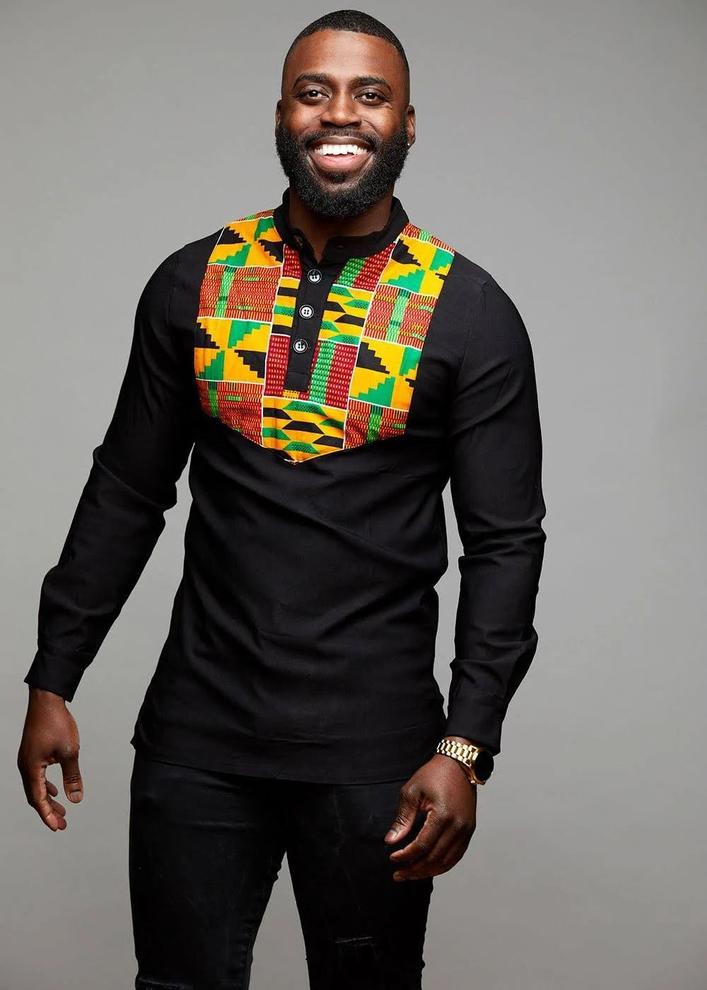 African Print Collared Henley Z306582
