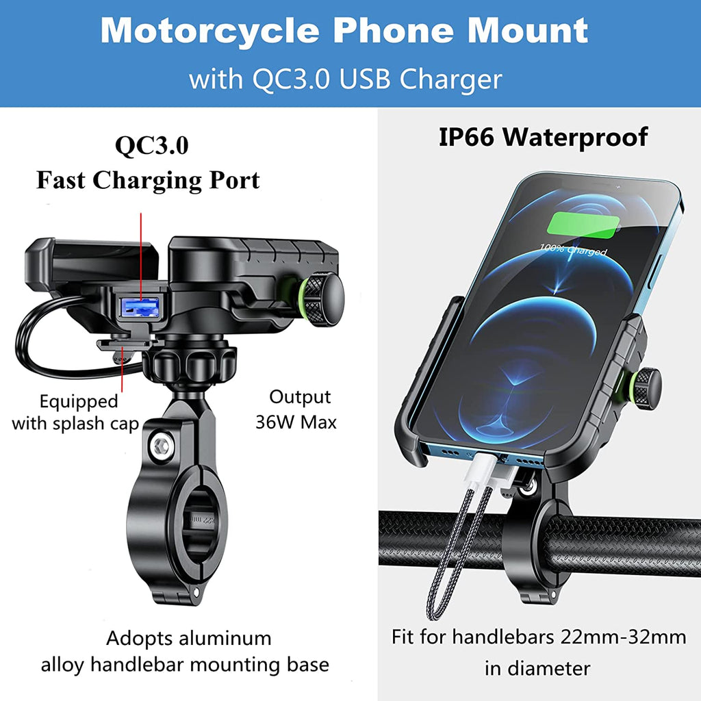 Motorcycle Phone Mount Charger USB QC 3.0 36W Fast Charging Port, Anti-Slip Aluminum Alloy Mounting Base IP66 Waterproof Handlebar Cell Phone Holder Adjustable Fit 4-7" V870011