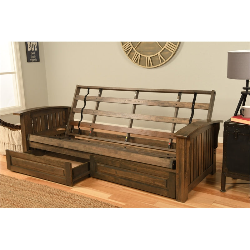 Walnut Futon with Drawers and Suede Black Mattress A483