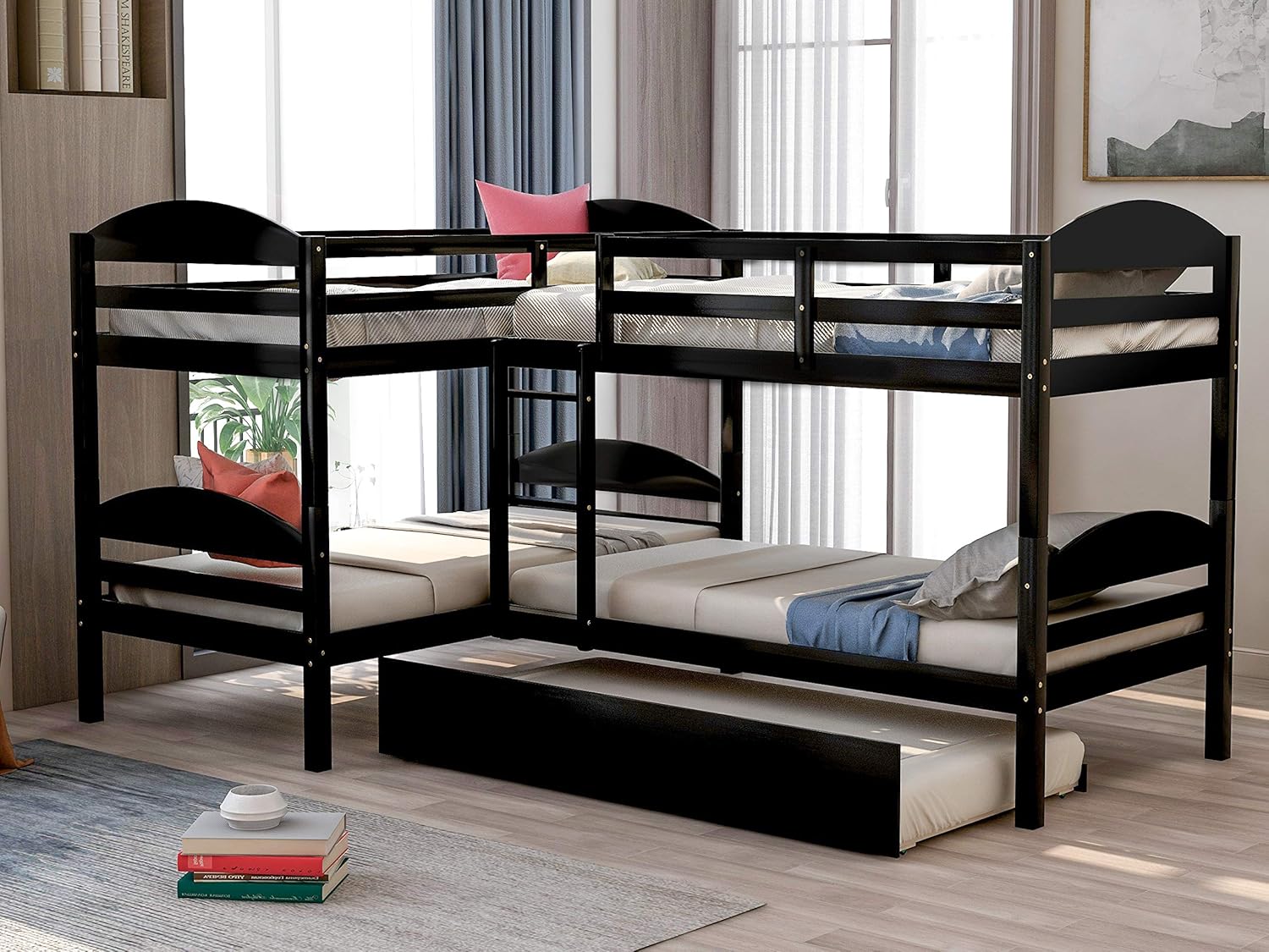 Gray Twin L-Shaped Bunk Bed Frame with Trundle X994967