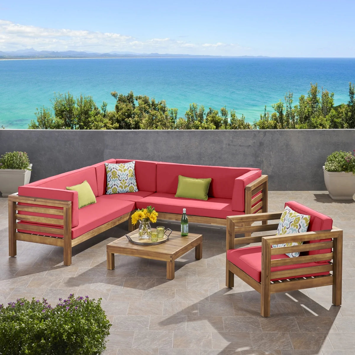Teak and Red 6 Seater Acacia Wood Sectional Sofa Y9832